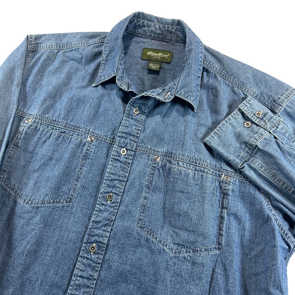 Eddie Bauer Denim Shirt Mens Large Blue Long Sleeve Utility Workwear Button Down